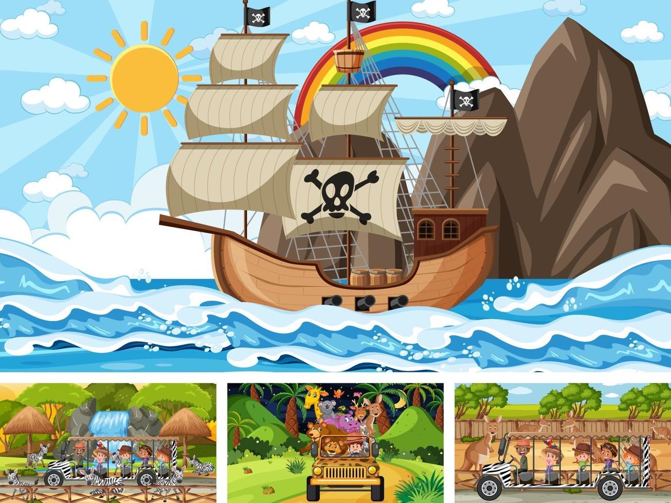 conjunto de cenas diferentes com navio pirata no mar e animais no zoológico vetor