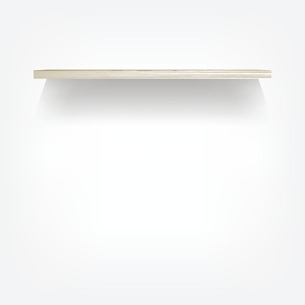 esvaziar madeira estante em branco fundo com suave sombra. 3d esvaziar de madeira prateleiras em branco muro. vetor ilustração.