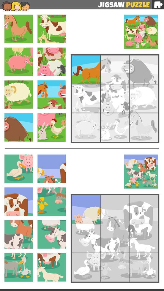 quebra-cabeças enigma jogos conjunto com desenho animado Fazenda animais vetor