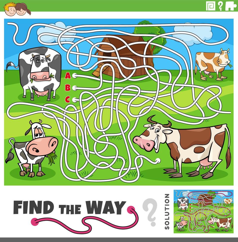 encontrar a caminho Labirinto jogos com desenho animado vacas Fazenda animais vetor