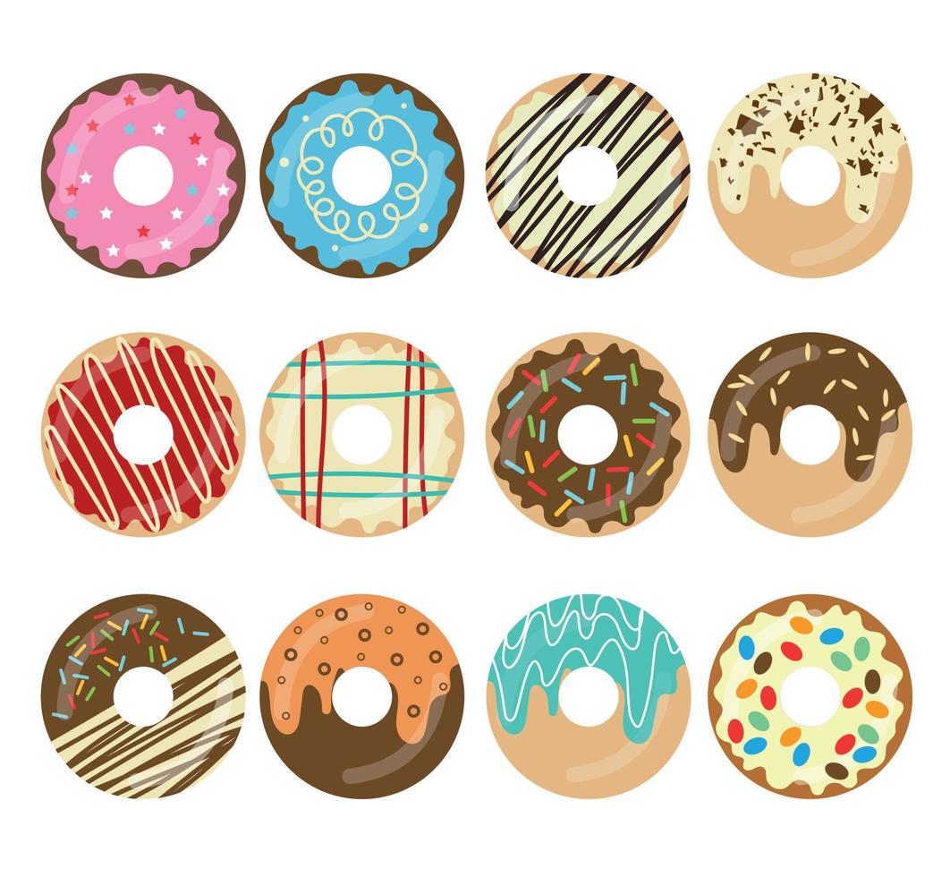 conjunto do doce donuts.topo visualizar. confeitaria sobremesa. chocolate confeitaria isolado em branco fundo. plano vetor ilustração.