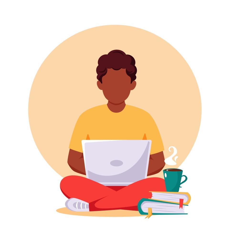 homem afro-americano trabalhando no laptop. freelance, conceito de trabalho remoto. ilustração vetorial vetor