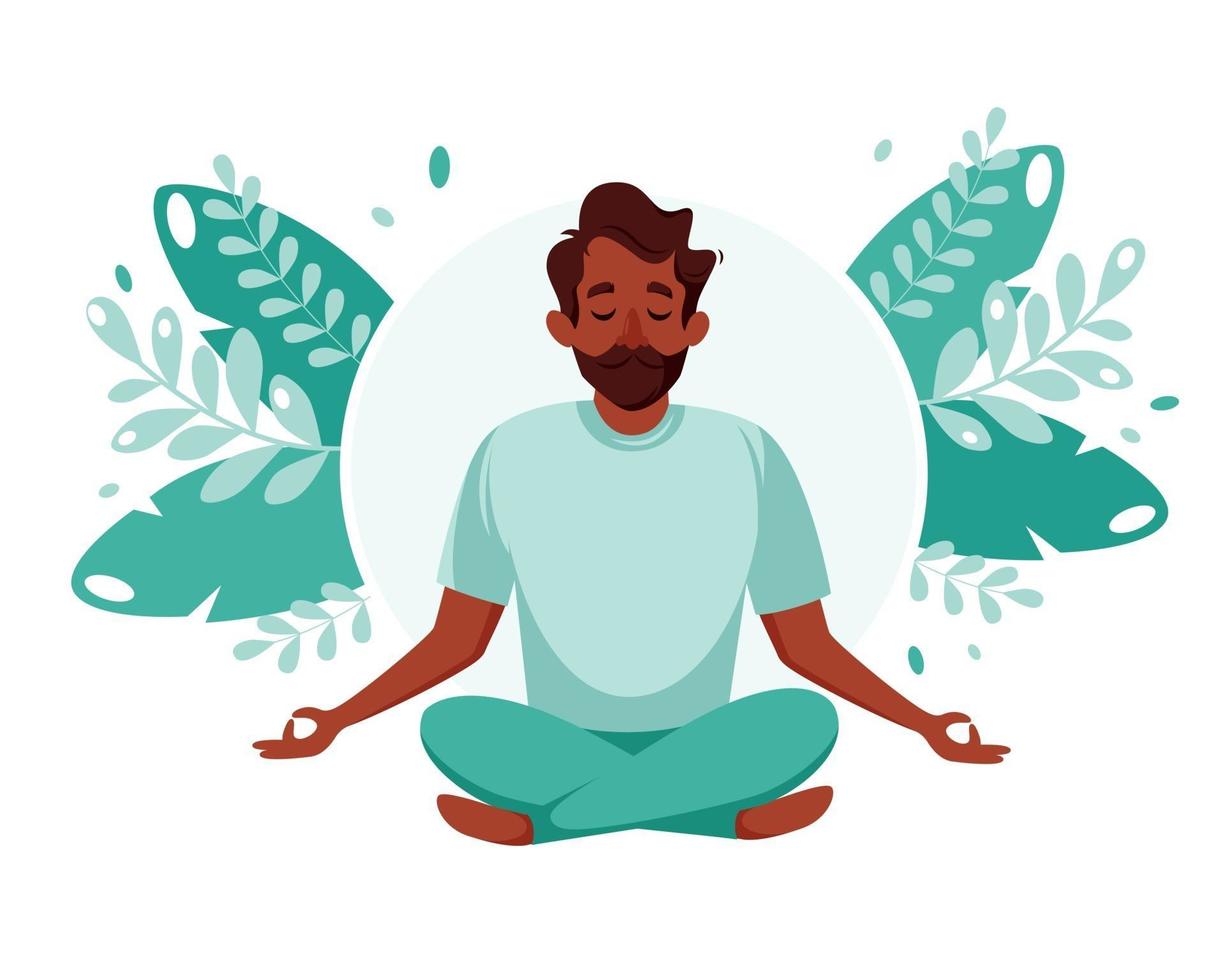 homem negro meditando. estilo de vida saudável, ioga, meditação, relaxamento, recreação. ilustração vetorial. vetor