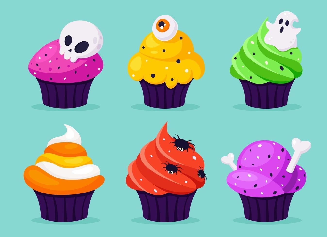 feliz Dia das Bruxas. cupcakes assustadores com olho, aranha, fantasma. ilustração vetorial em estilo simples. vetor