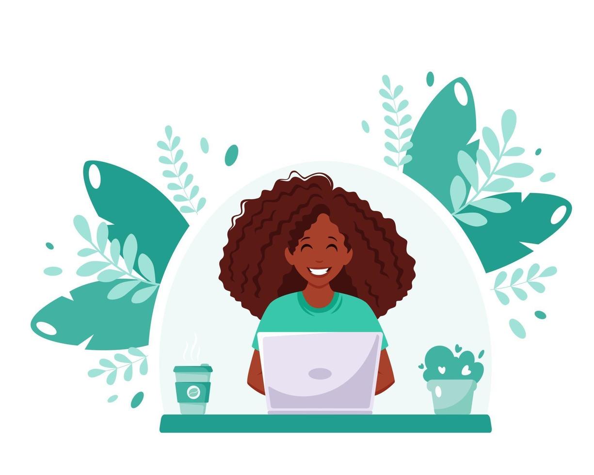 mulher negra trabalhando no laptop. freelance, estudo online, conceito de trabalho remoto. escritório em casa. ilustração vetorial vetor