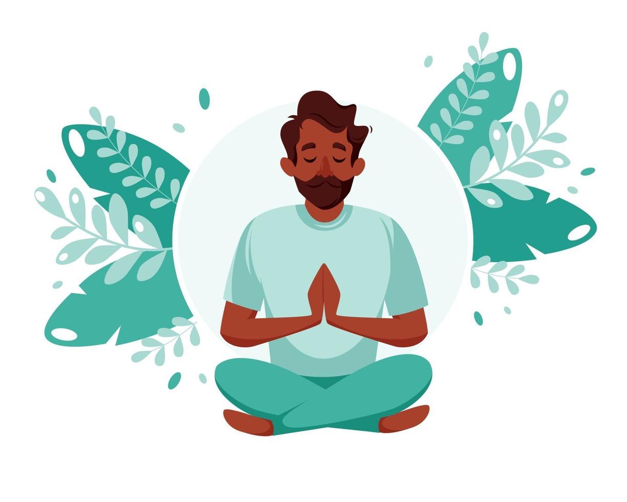 homem negro meditando. estilo de vida saudável, ioga, meditação, relaxamento, recreação. ilustração vetorial. vetor