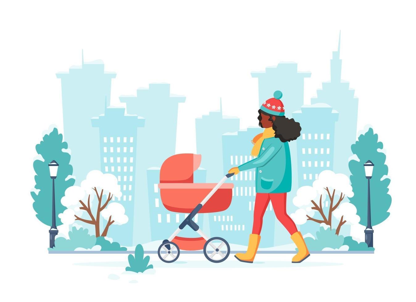 mulher negra andando com um carrinho de bebê no inverno. atividade ao ar livre. ilustração vetorial vetor