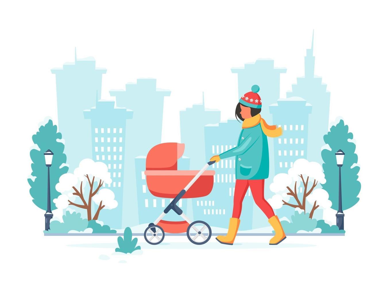 mulher andando com um carrinho de bebê no inverno. atividade ao ar livre. ilustração vetorial. vetor