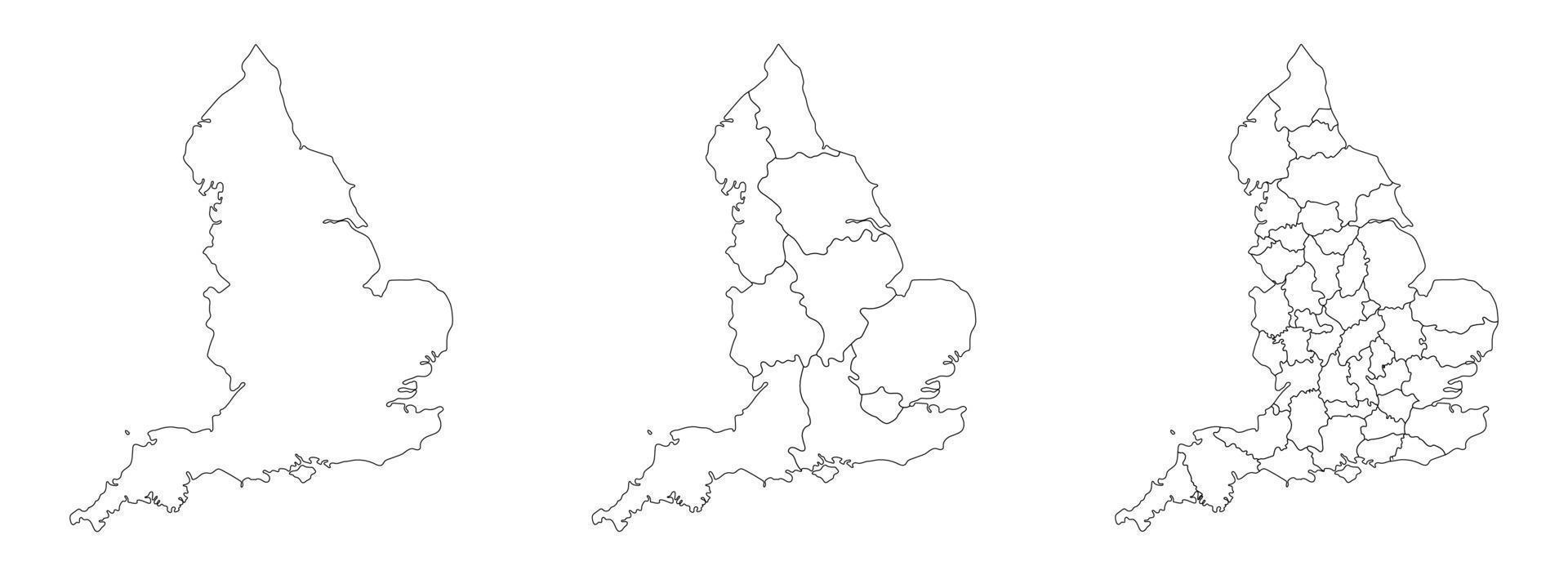 Inglaterra mapa conjunto do Branco preto esboço e administrações regiões mapa vetor