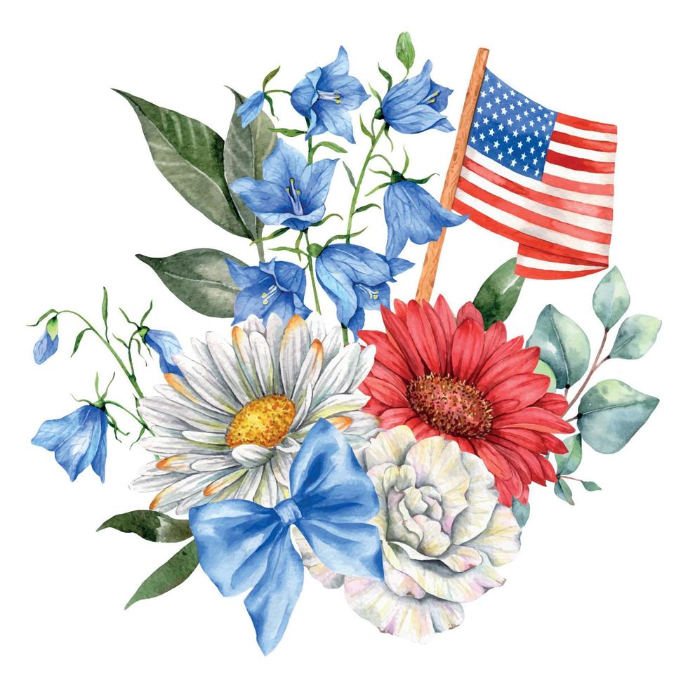 4º do Julho patriótico conceito. independência dia Projeto elemento. mão pintado aguarela floral disposição . botânico ilustração vetor