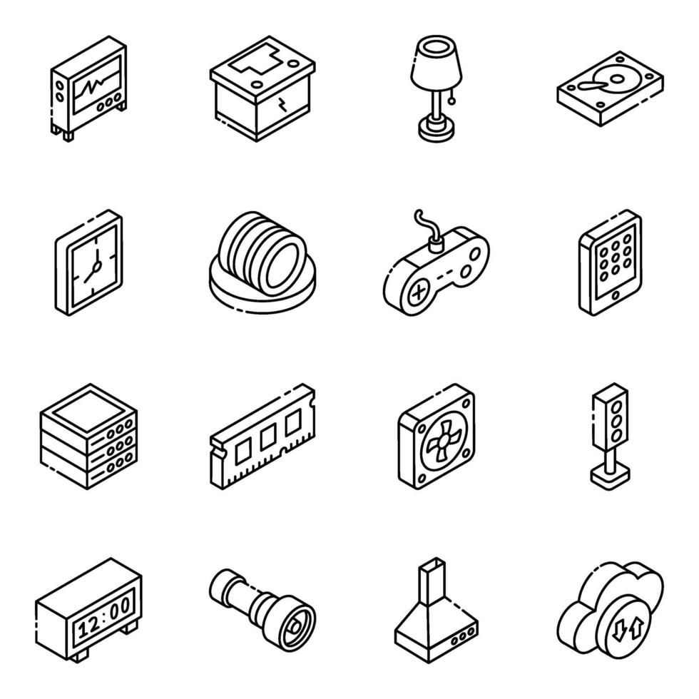 conjunto de ícones isométricos de componentes eletrônicos e multimídia vetor