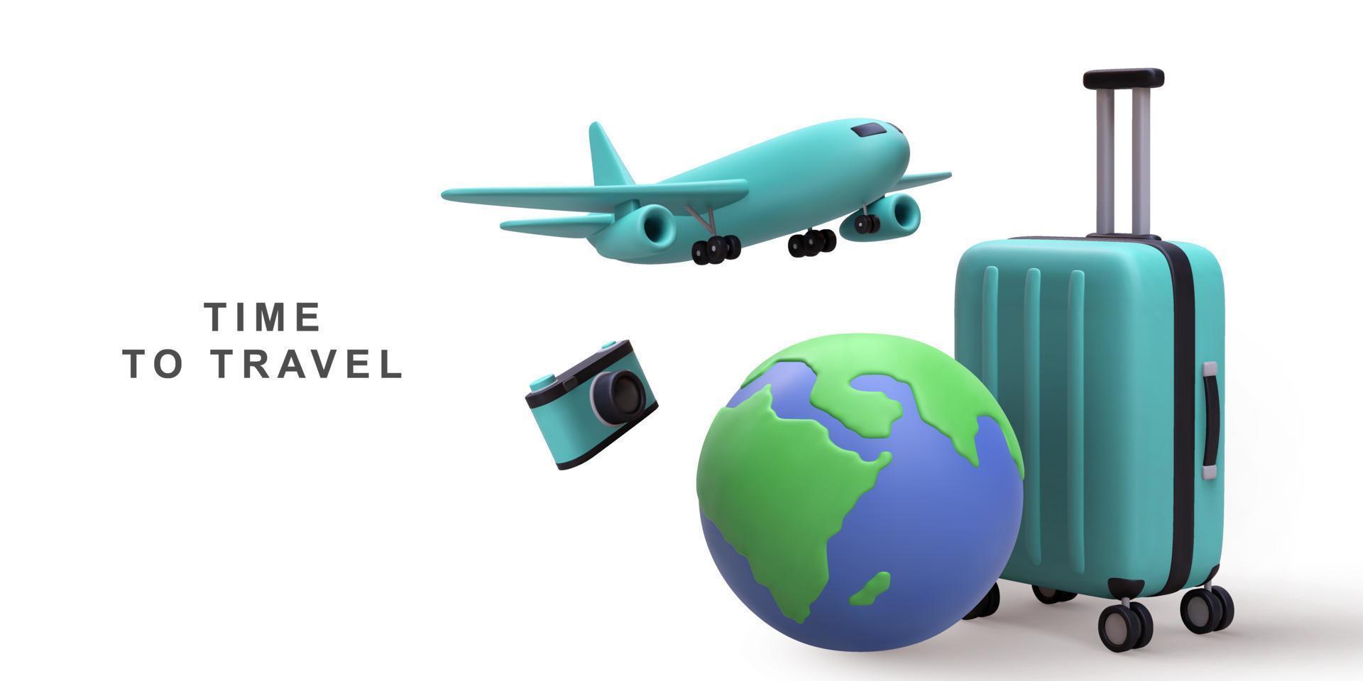 3d realista globo mapa e mala de viagem com embarque avião viagem turismo avião viagem planejamento mundo percorrer. vetor ilustração.