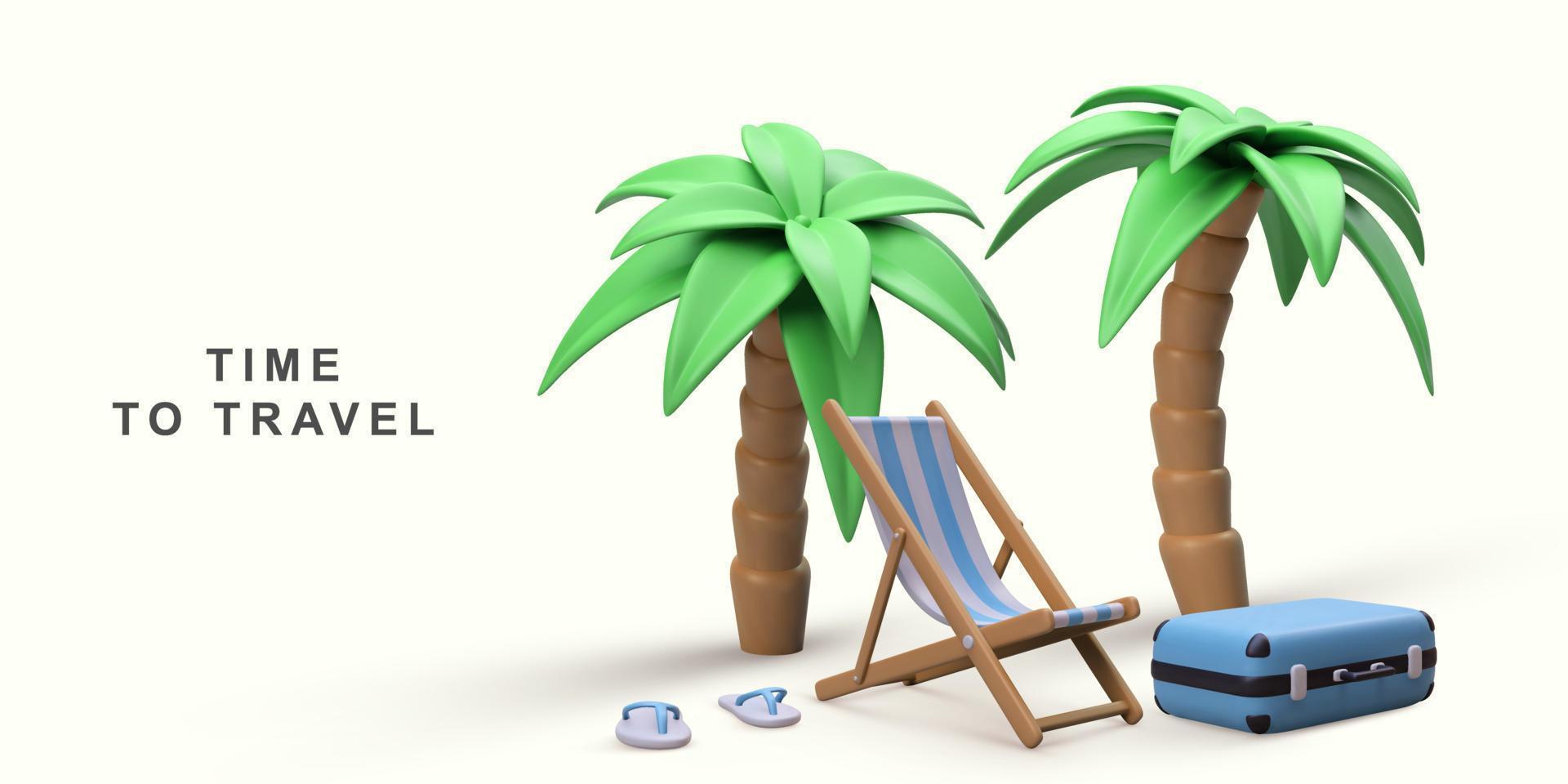 3d verão período de férias conceito com de praia cadeira e verão elementos. vetor ilustração.