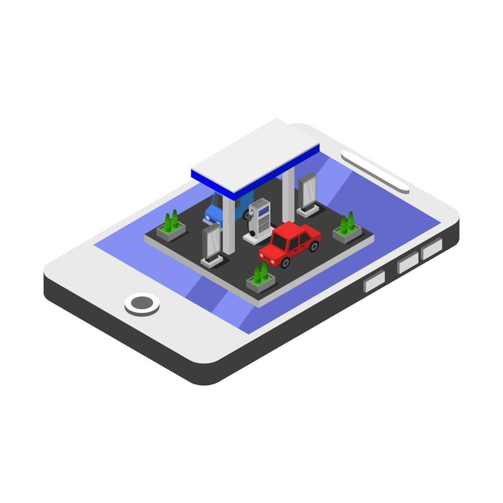 posto de gasolina isométrico no smartphone vetor