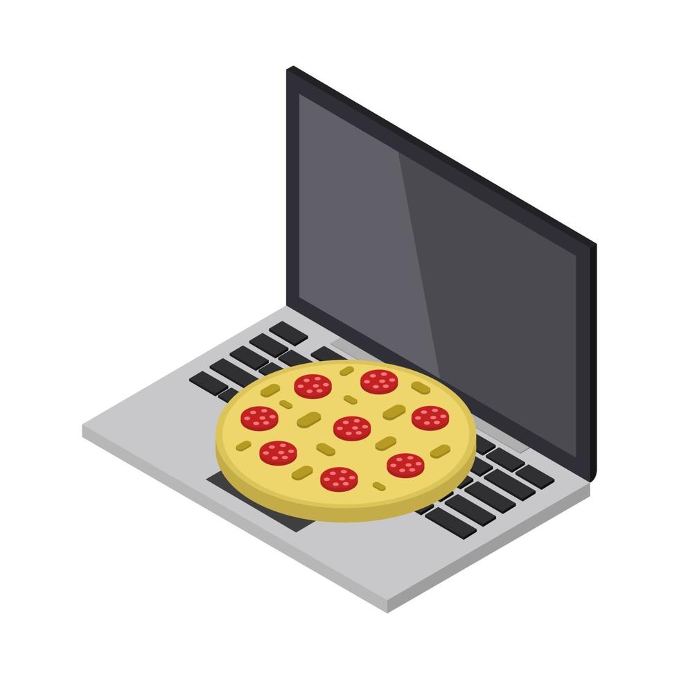 comprar pizza isométrica online no laptop vetor