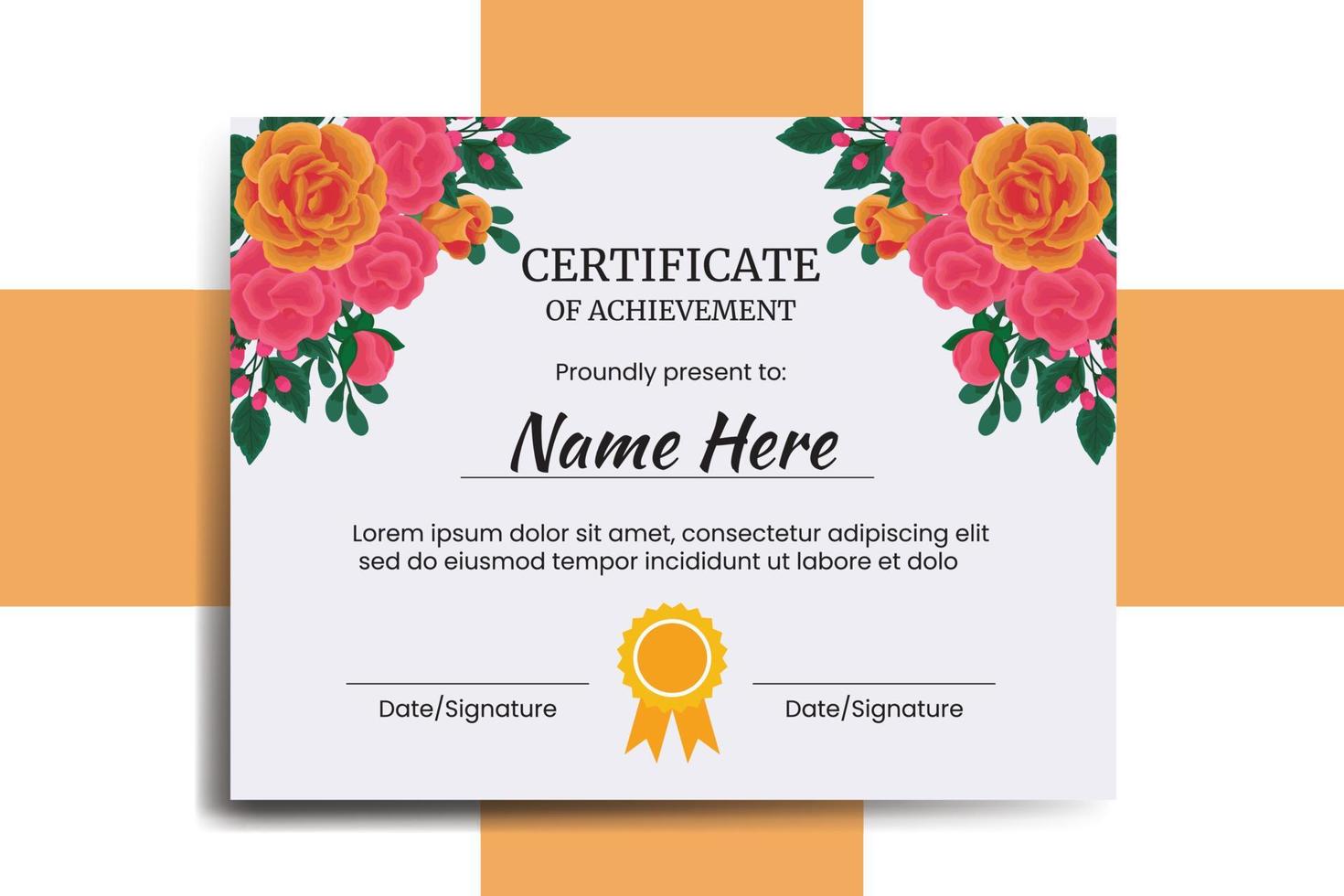 certificado modelo laranja rosa flor aguarela digital mão desenhado vetor