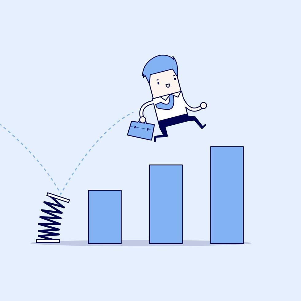 empresário pular a primavera no gráfico de barras crescente. crescimento para o conceito de negócio. vetor de estilo de linha fina de personagem de desenho animado.
