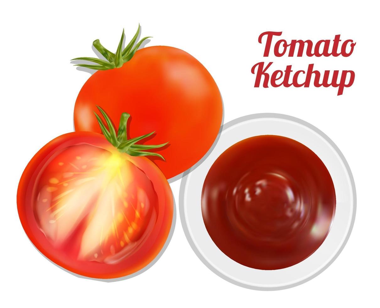 Suco de ketchup de tomate no prato com tomate vetor