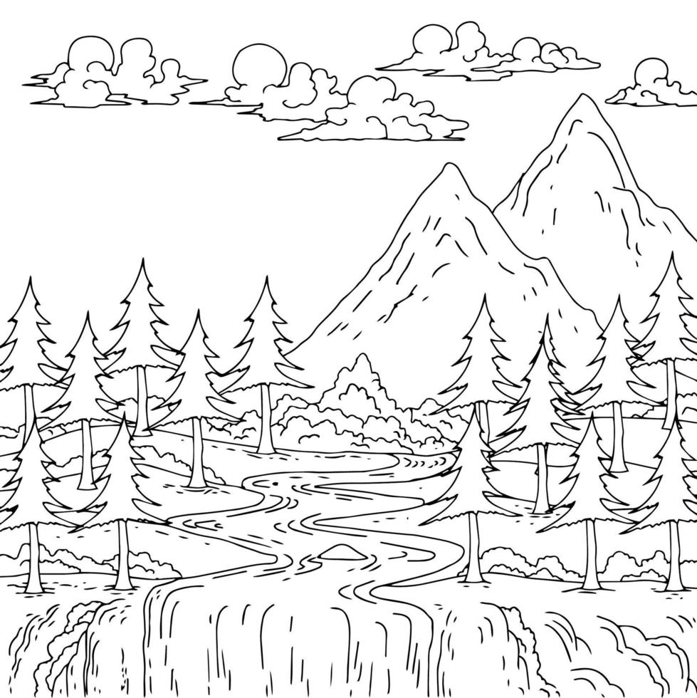 desenho de natureza paisagem contorno para colorir vetor