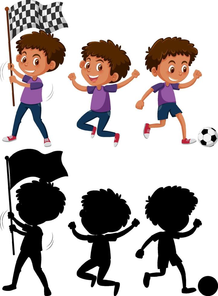 conjunto de um personagem de desenho animado de menino fazendo atividades diferentes com sua silhueta vetor