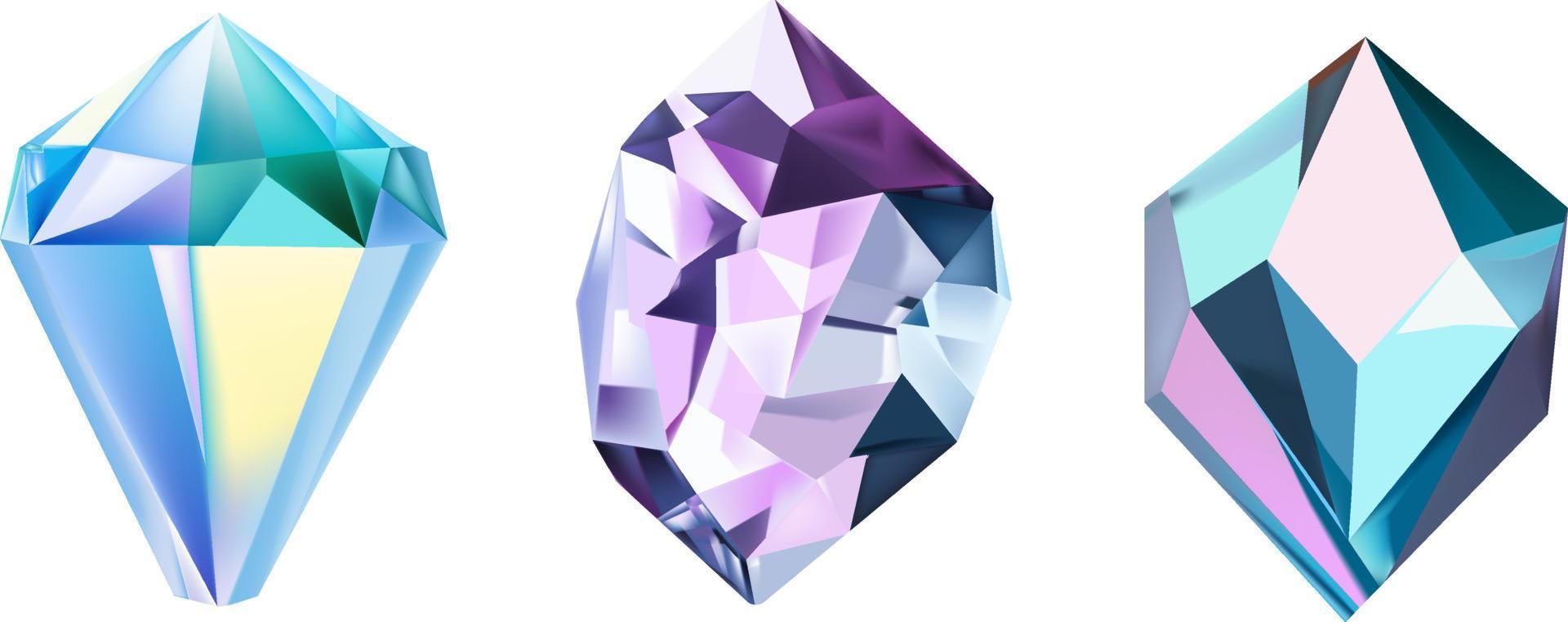 uma coleção do imagens do diamantes do vários geométrico formas, cores e tamanhos.vidro brilhante cristais com diferente tons refletindo vetor de luz realista conjunto do brilho pedra preciosa ou colorida gelo.