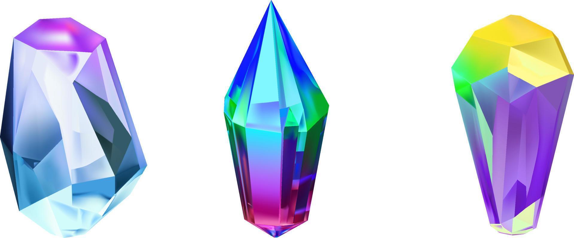 uma coleção do imagens do diamantes do vários geométrico formas, cores e tamanhos.vidro brilhante cristais com diferente tons refletindo vetor de luz realista conjunto do brilho pedra preciosa ou colorida gelo.