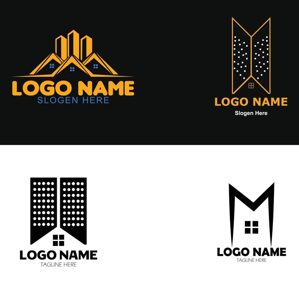 conjunto de logotipo dourado e preto de negócios imobiliários e de construção vetor