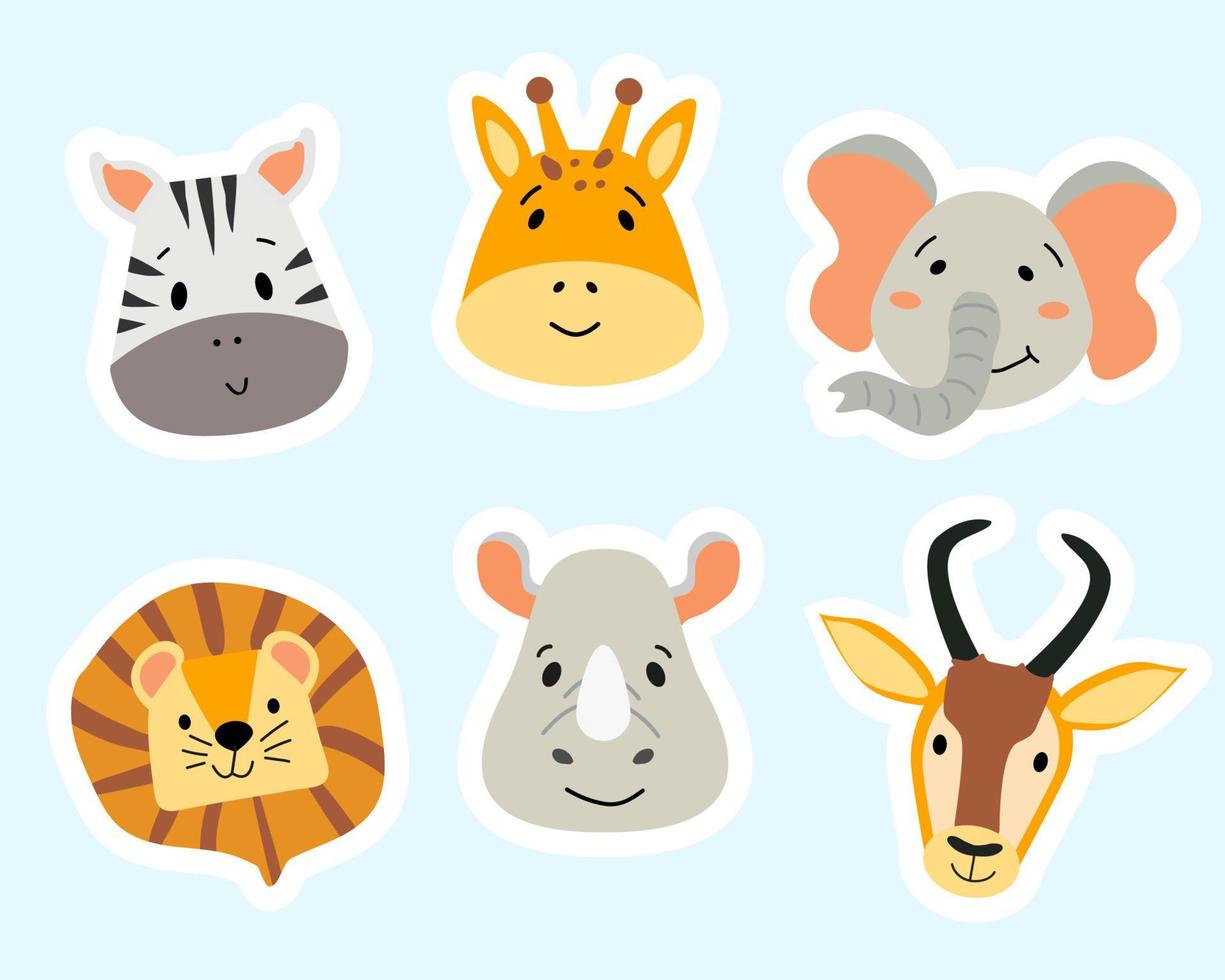 adesivos com africano animais. lindo adesivos com a rostos do selvagem animais. zebra, elefante, leão, girafa, antílope e rinoceronte dentro plano desenho animado estilo. isolado fundo. vetor