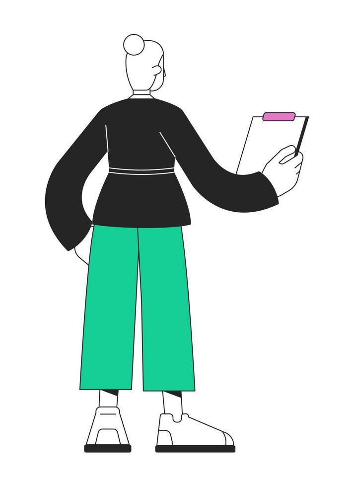 mulher conduzindo inventário auditar plano linha cor vetor personagem. editável simples esboço cheio corpo pessoa em branco. fêmea Gerente desenho animado local ilustração para rede gráfico Projeto e animação