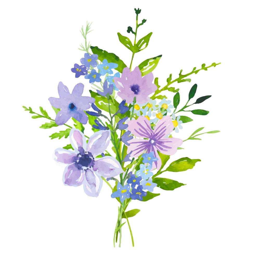 buquês com Prado azul e roxa flores e folhas. aguarela vetor
