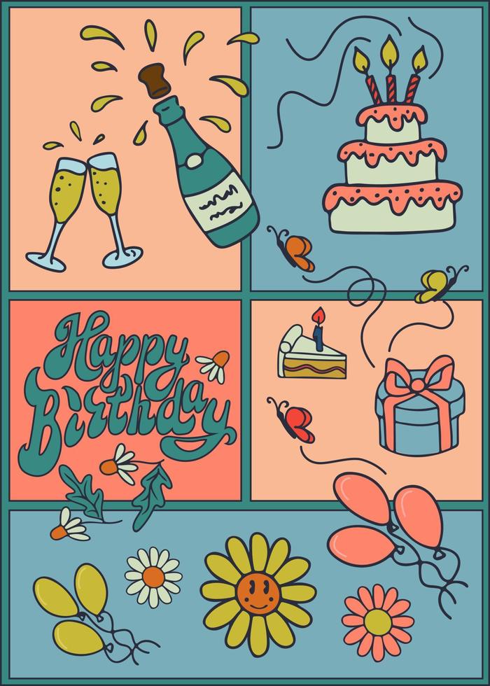 nostálgico feliz aniversário gráfico vetor conceito. mão desenhado elementos para aniversário festa dentro plano retro estilo. ideal para social meios de comunicação, gráfico poster, cartão postal, fundo, imprimir, tecido padrão, cobrir