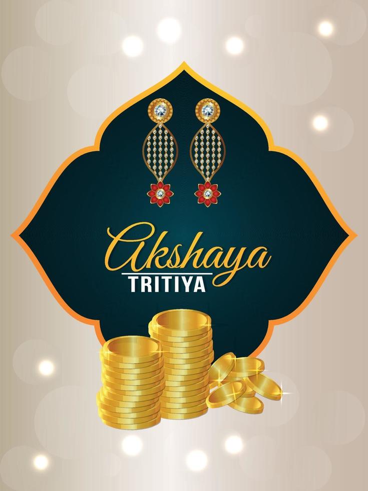 Cartão comemorativo akshaya tritiya com pote criativo de moedas de ouro e brincos de ouro vetor