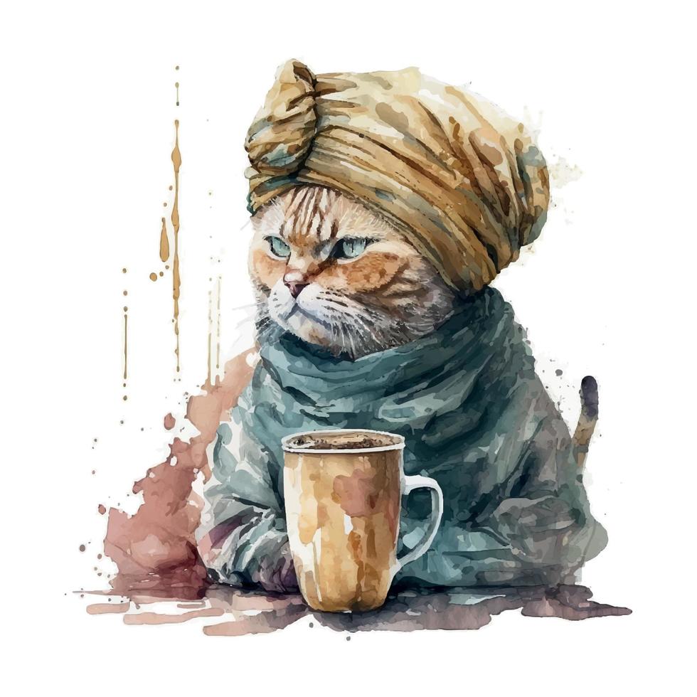 turco gato com café copo. muçulmano gato com turbante. aguarela vetor ilustração para café casas. isolado em branco fundo. pode estar usava para cardápio