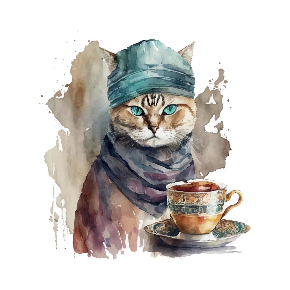 turco gato com café copo. muçulmano gato com turbante. aguarela vetor ilustração para café casas. isolado em branco fundo. pode estar usava para cardápio