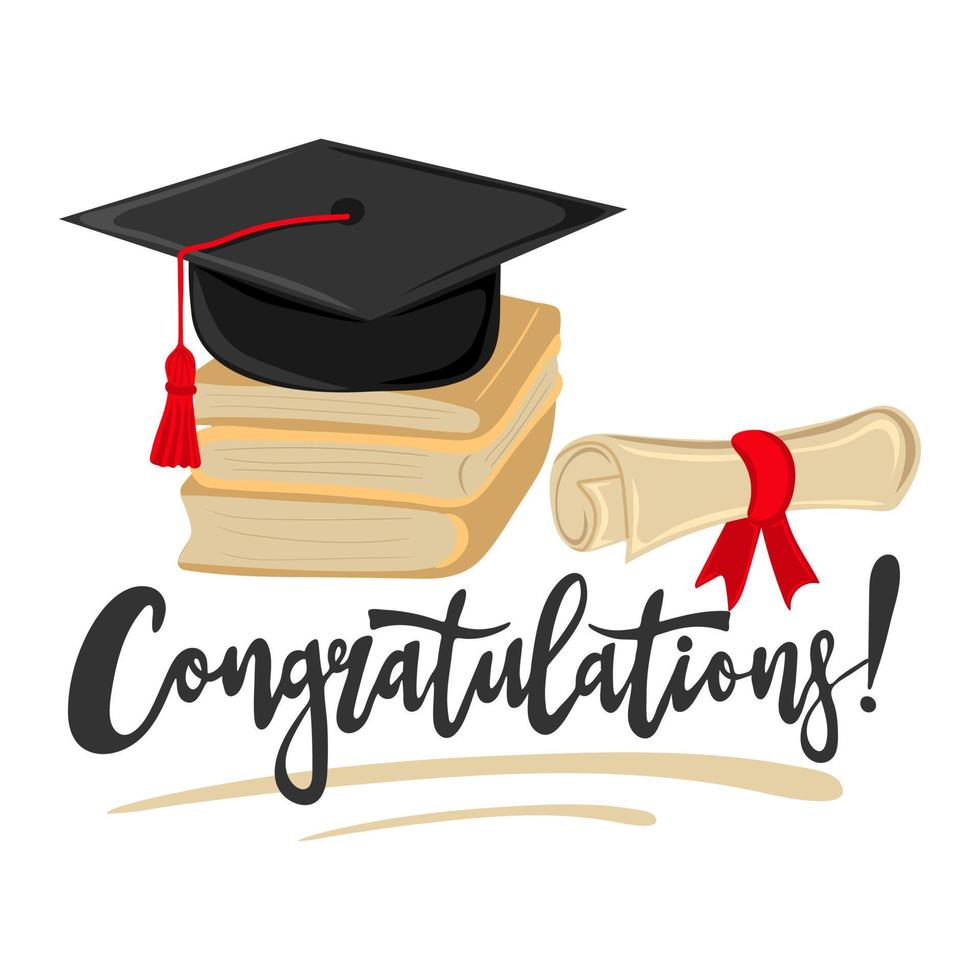 Parabéns. escrito a mão texto com graduação boné, livros e rolagem do diploma vetor
