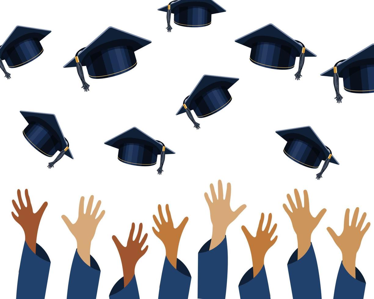 graduação festa bandeira com elevado mãos e graduação cápsulas. Projeto para graduado diploma, prêmios. Educação conceito. vetor