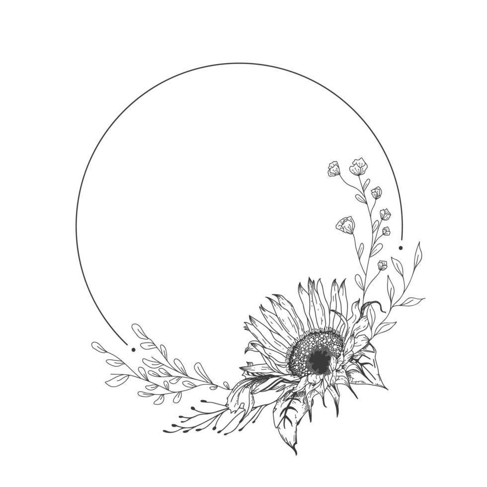 coroa de flores de girassol. mão ilustrações desenhadas. gráfico de convite. vetor