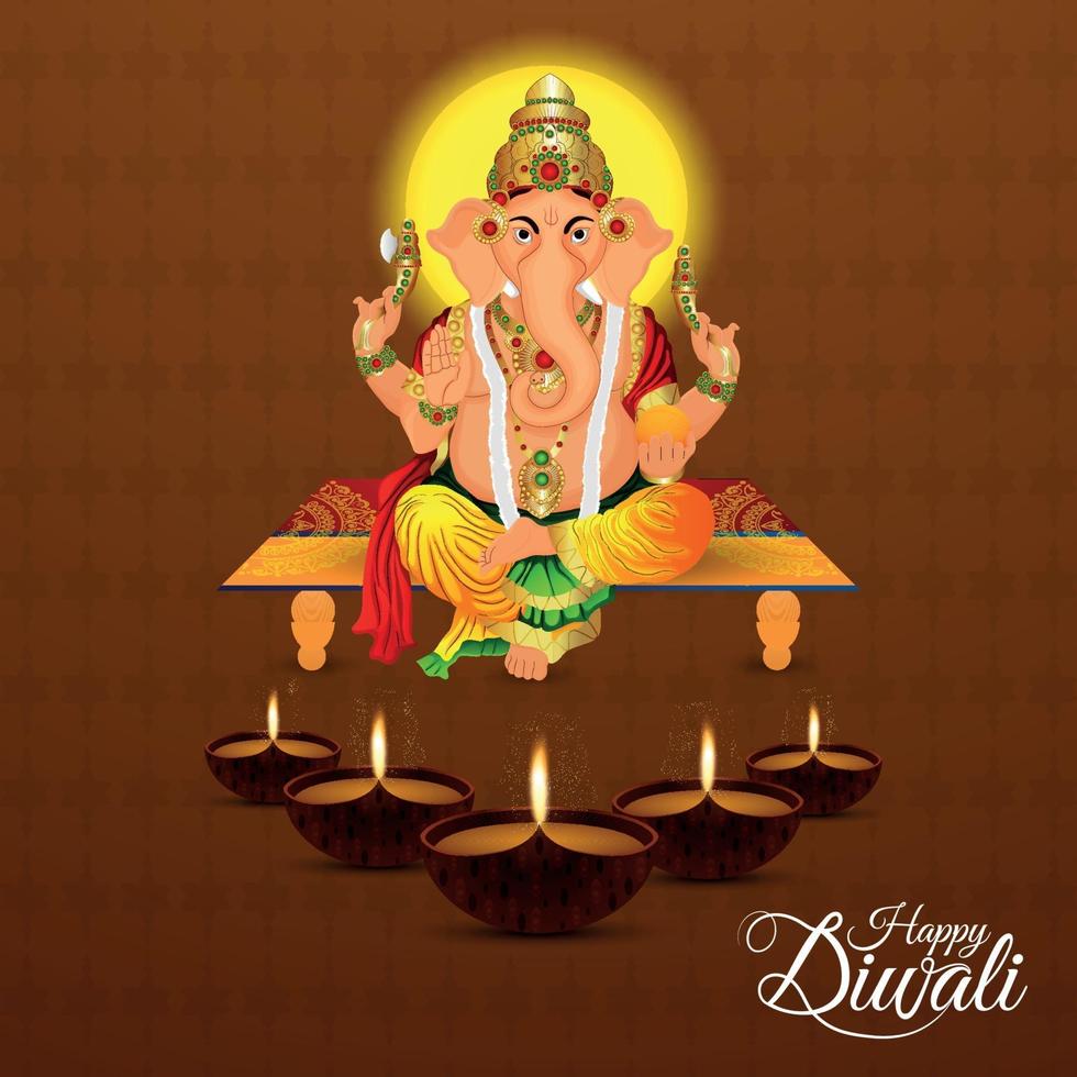 shubh diwali festival indiano da luz com ilustração vetorial do senhor ganesha e diwali diya vetor