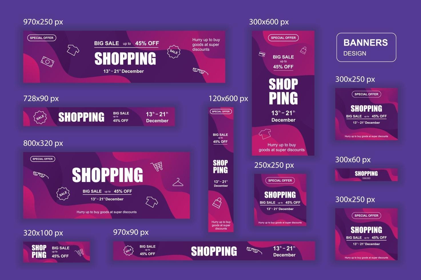 coleção de banners da web de diferentes tamanhos para redes sociais e móveis, anúncios de compras em cartaz e material de marketing vetor