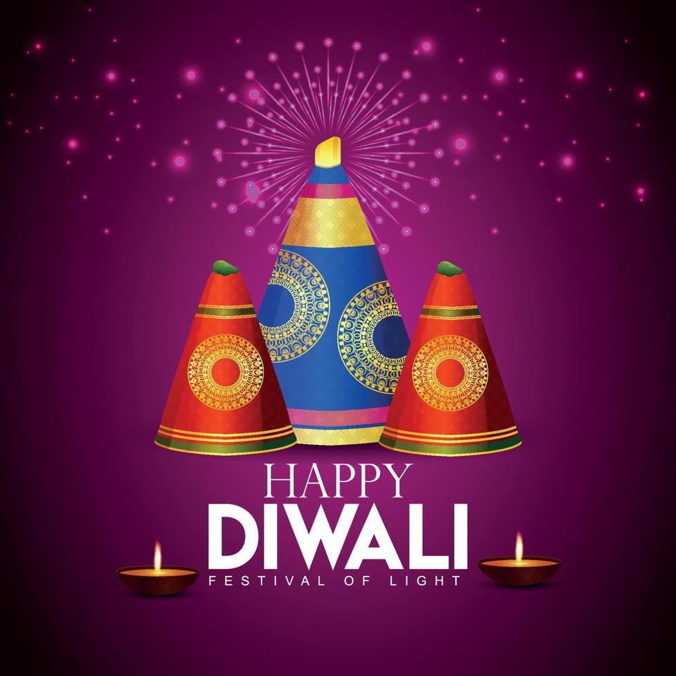 feliz festival de diwali de cartão comemorativo de luz com diwali diya criativo vetor