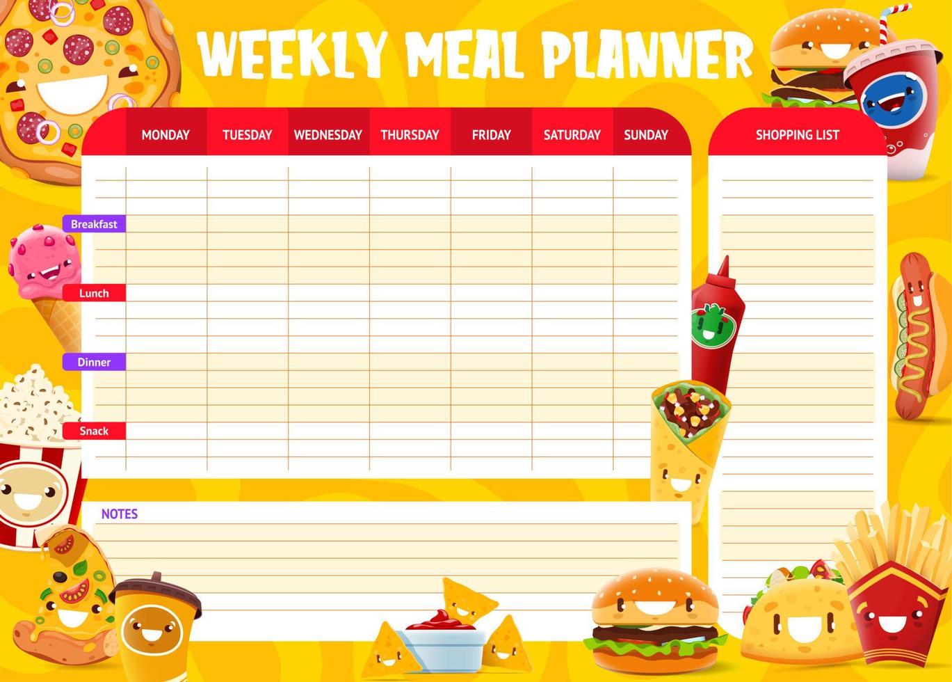 semanal refeição planejador, desenho animado Leve embora velozes Comida vetor