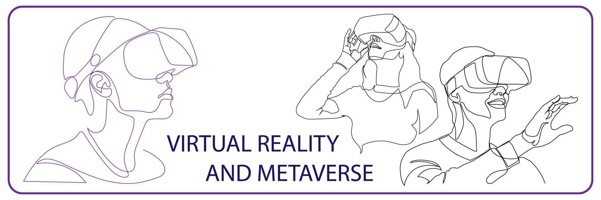 contínuo 1 linha desenhando homem ou mulher dentro óculos dispositivo virtual realidade ou vr definir. metaverso com cyberpunk tema. vetor