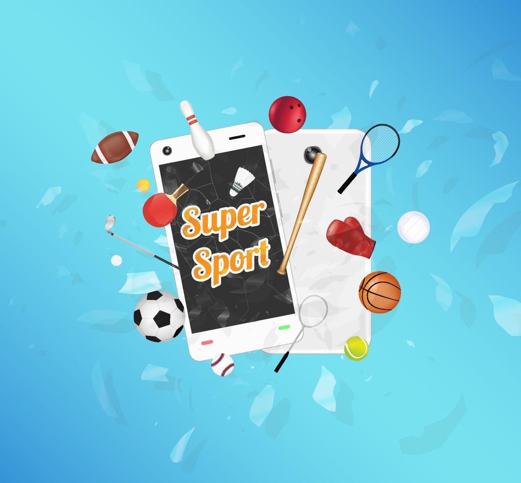 superesporte na tela do smartphone com equipamentos esportivos flutuando no smartphone explodido vetor