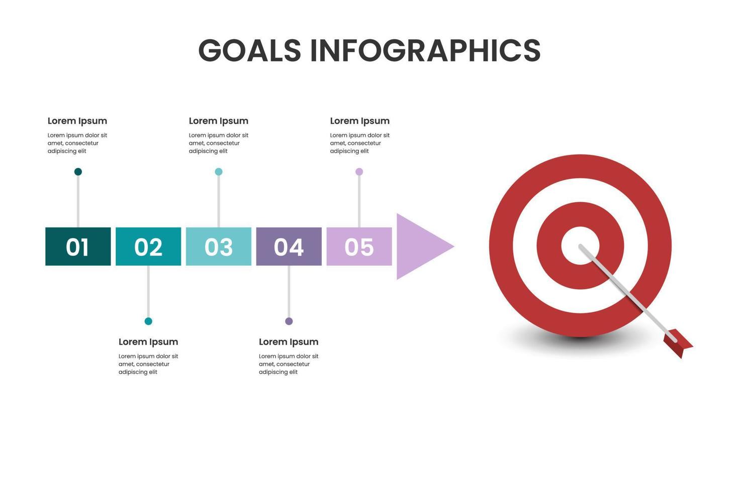 cinco infográfico o negócio com arco seta e alvo para Linha do tempo apresentação conceito vetor