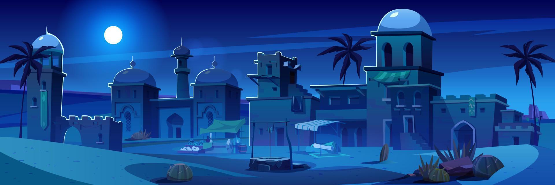 noite antigo árabe cidade, deserto desenho animado panorama vetor