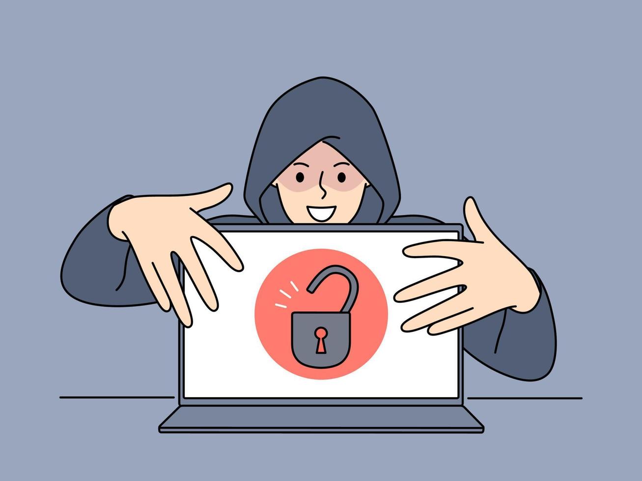 hacker dentro de capuz tocante aberto computador portátil com cadeado símbolo em tela roubar seguro Informação. conceito do cíber segurança e senha e dados vazamento. vetor ilustração.