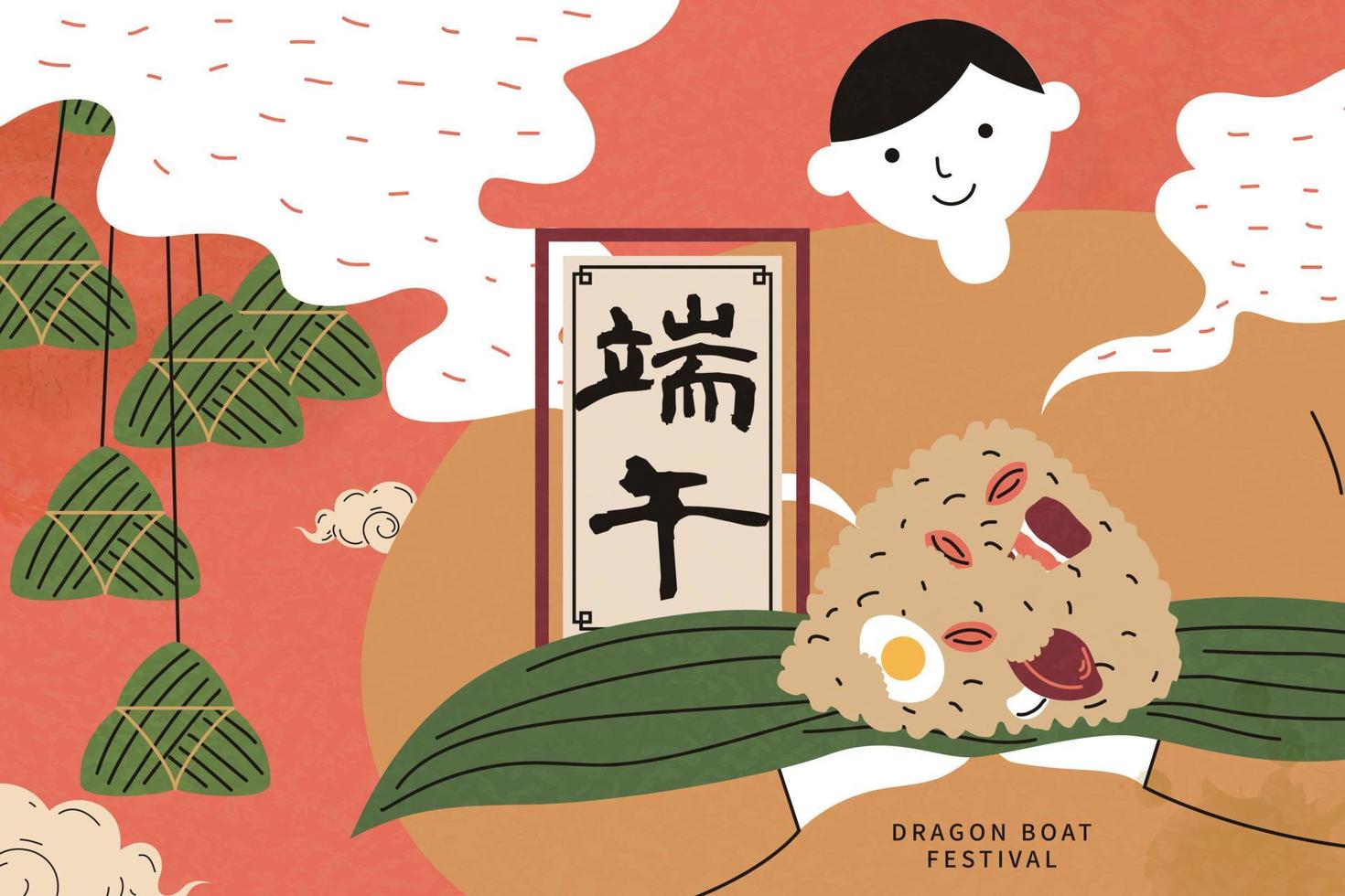 Garoto segurando quente cozido no vapor arroz bolinho de massa com suspensão zongzi em vermelho laranja fundo, Dragão barco festival escrito dentro chinês caligrafia vetor