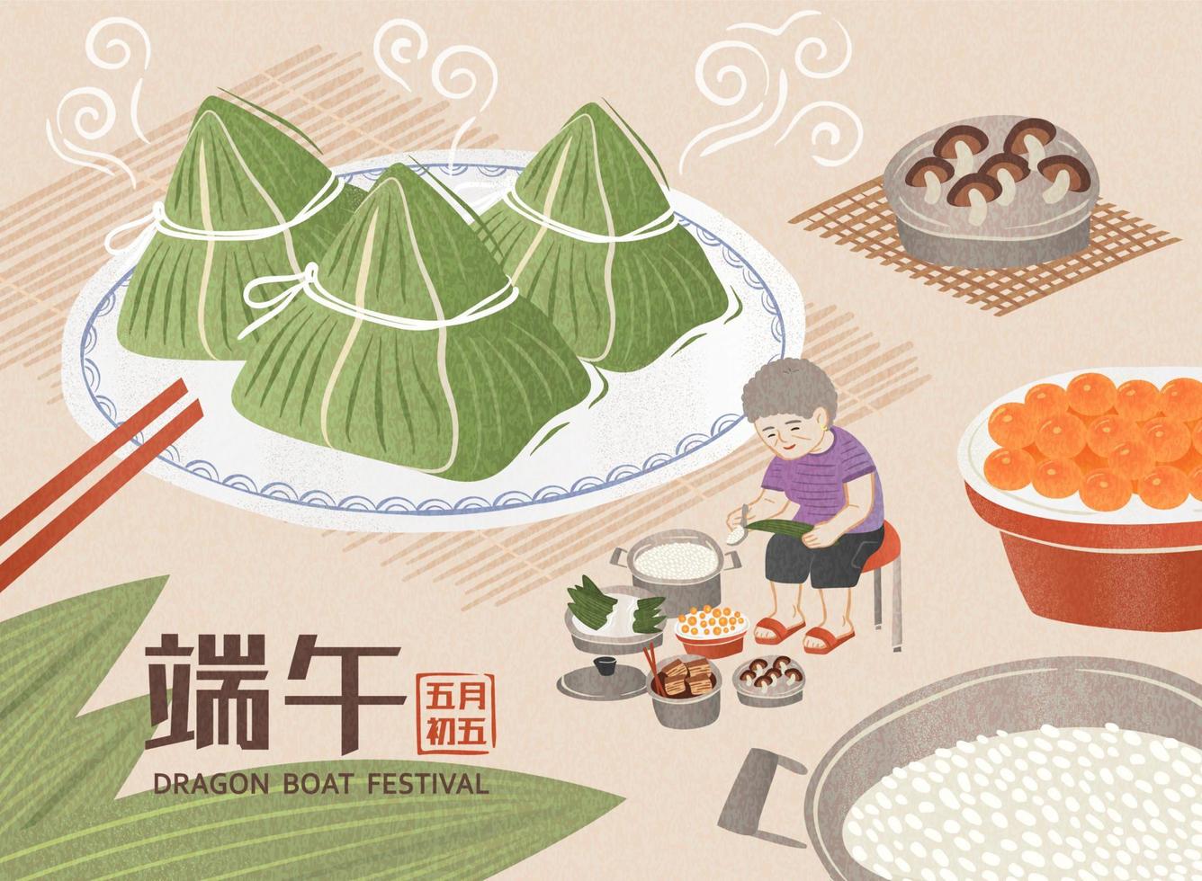 miniatura Avó invólucro arroz dumplings para feriado cercado de ingredientes, Dragão barco festival em pode 5 ª escrito dentro chinês palavras vetor