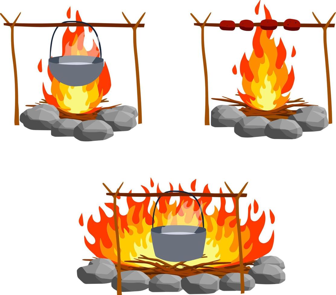 fogo com galhos e pedras. desenho animado plano ilustração. cozinhando dentro a campanha. fogueira com Panela. ebulição água e Comida preparação dentro acampamento vetor