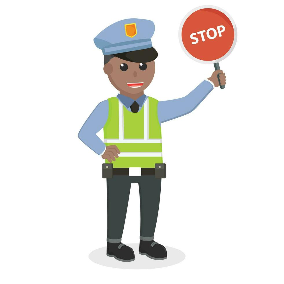tráfego polícia africano segurando Pare placa Projeto personagem em branco fundo vetor